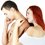 Redhead embracing shirtless dude.
